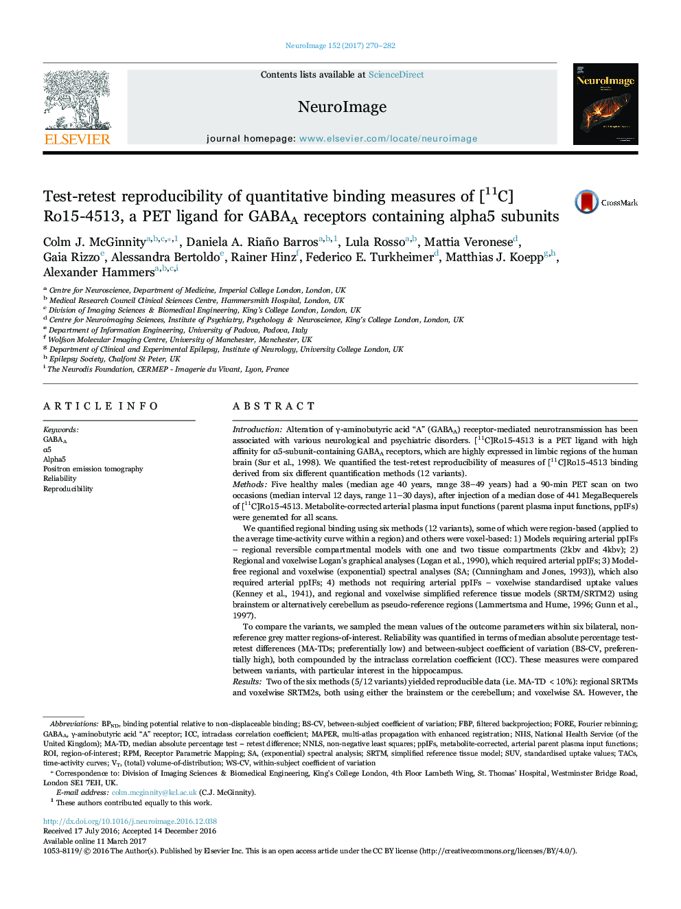 Test-retest reproducibility of quantitative binding measures of [11C]Ro15-4513, a PET ligand for GABAA receptors containing alpha5 subunits