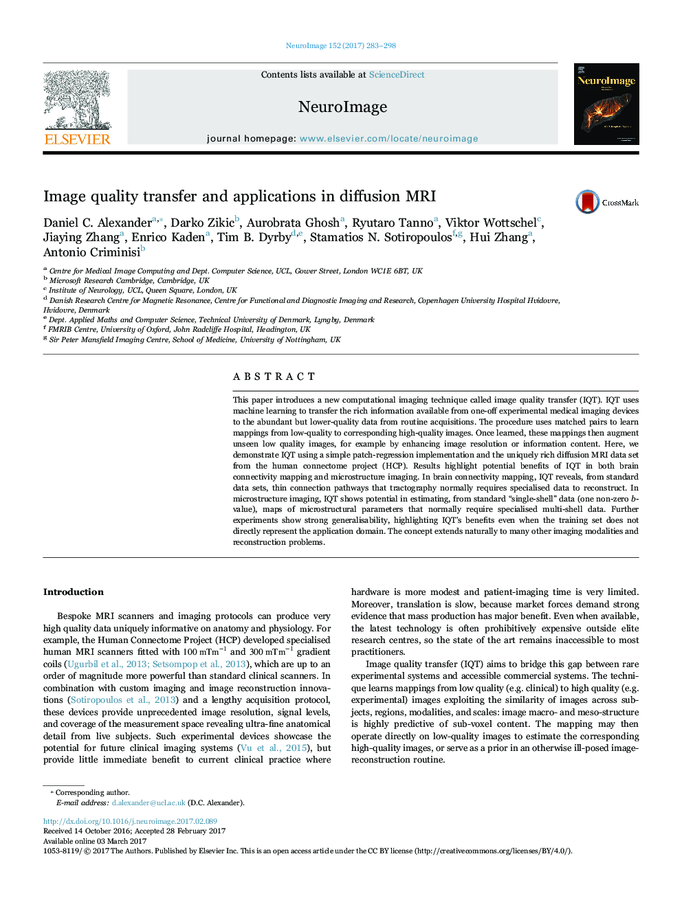 Image quality transfer and applications in diffusion MRI