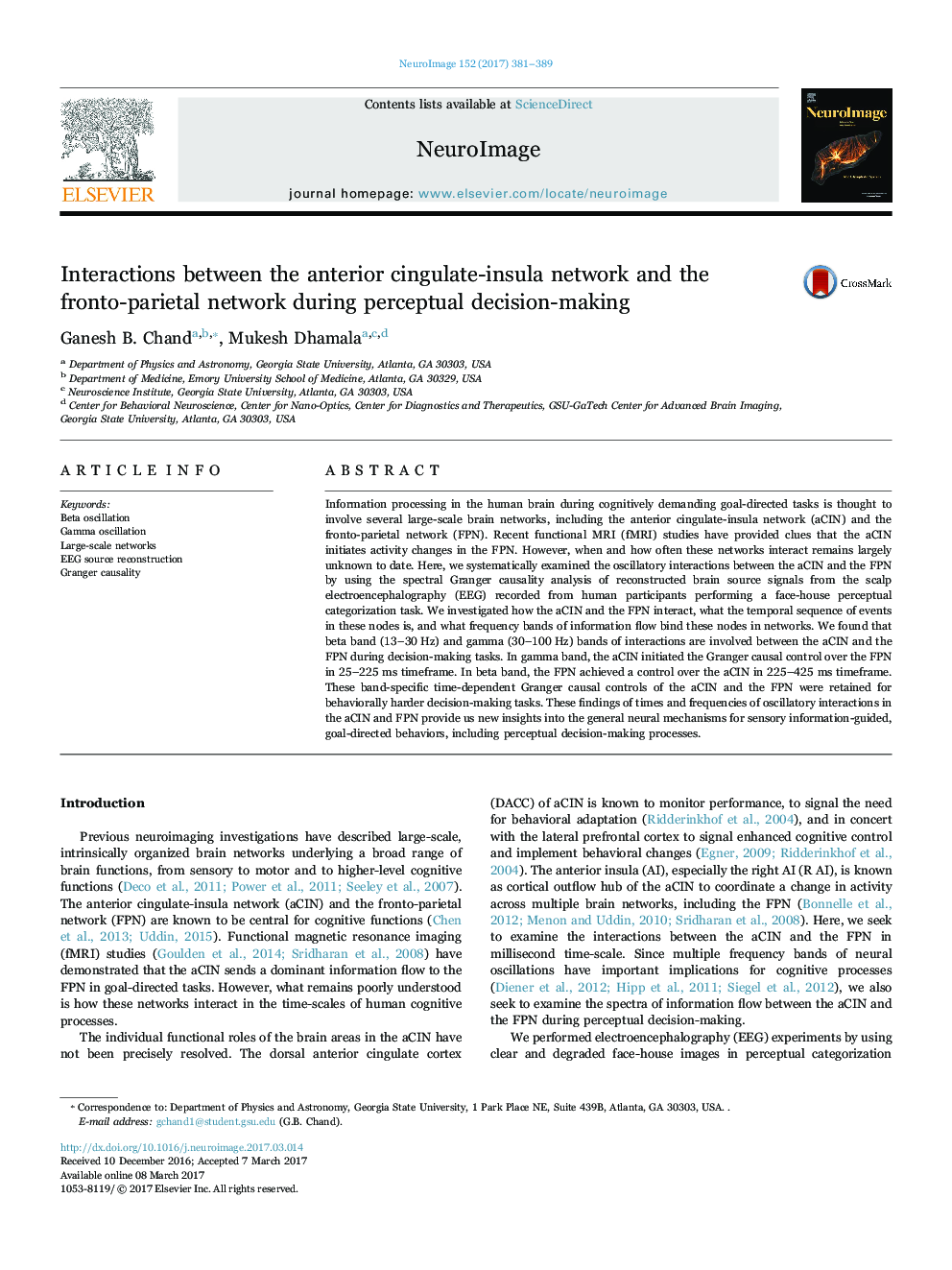 Interactions between the anterior cingulate-insula network and the fronto-parietal network during perceptual decision-making