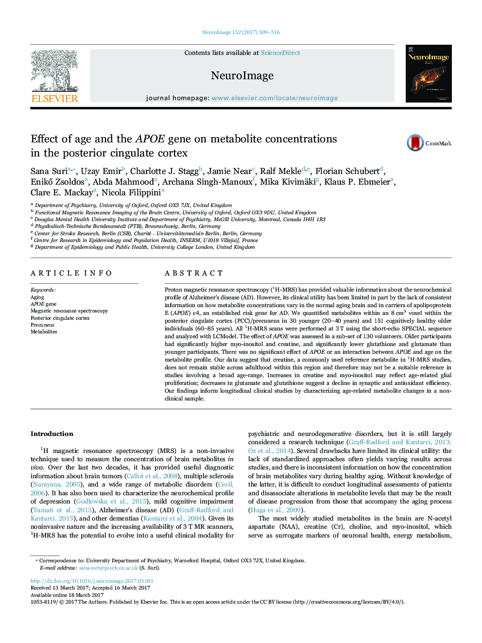 عکس صفحه اول مقاله: Effect of age and the APOE gene on metabolite concentrations in the posterior cingulate cortex Effect of age and the APOE gene on metabolite concentrations in the posterior cingulate cortex