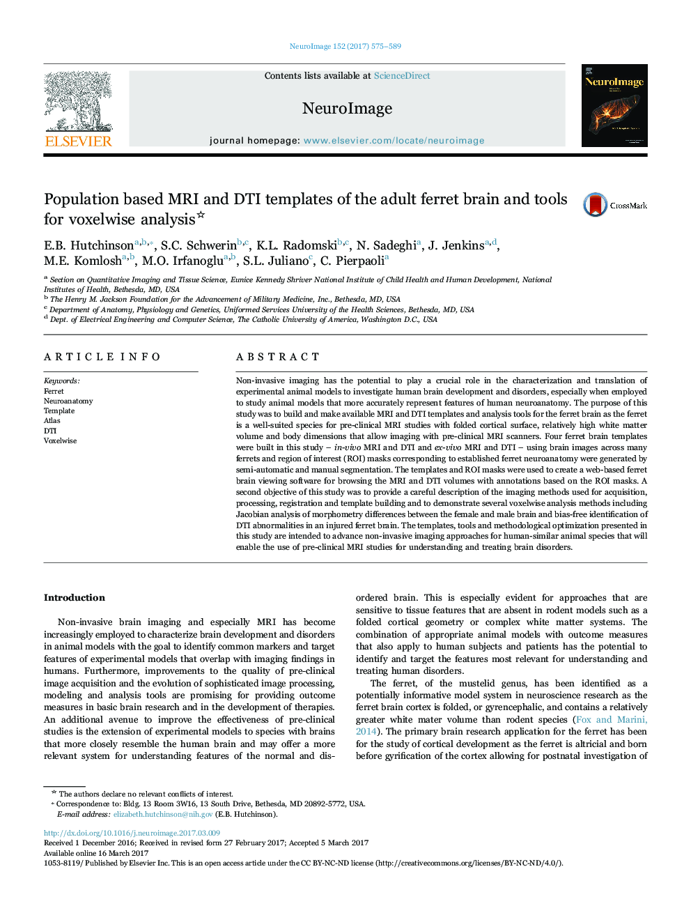 Population based MRI and DTI templates of the adult ferret brain and tools for voxelwise analysis