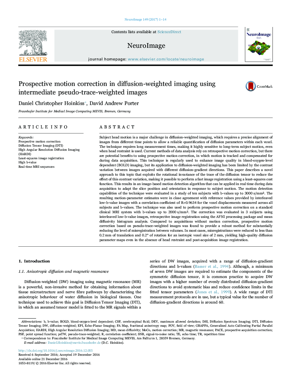 Prospective motion correction in diffusion-weighted imaging using intermediate pseudo-trace-weighted images