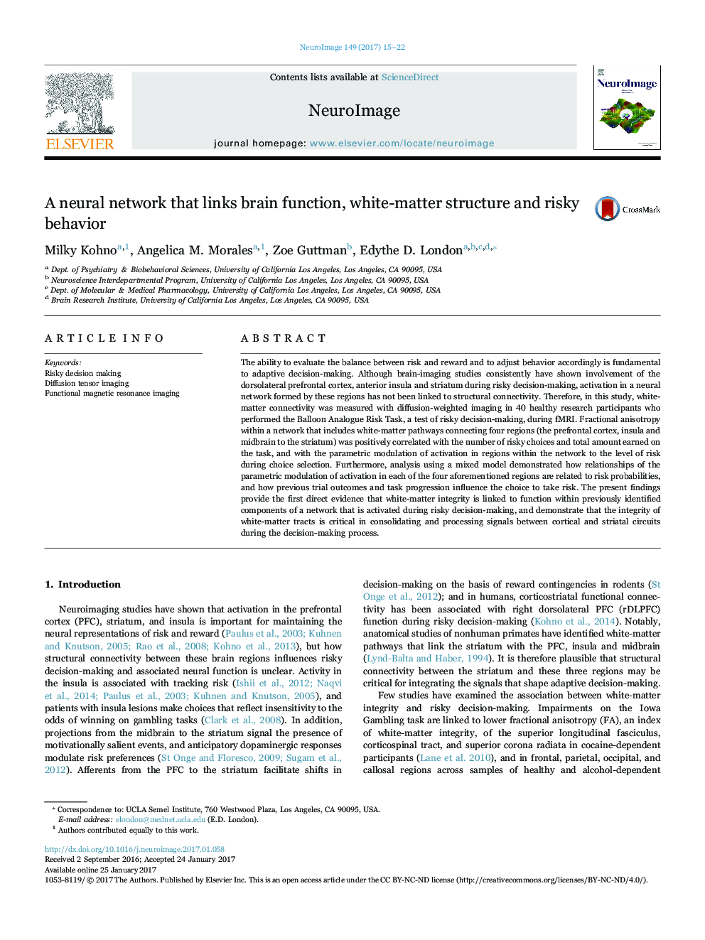 A neural network that links brain function, white-matter structure and risky behavior