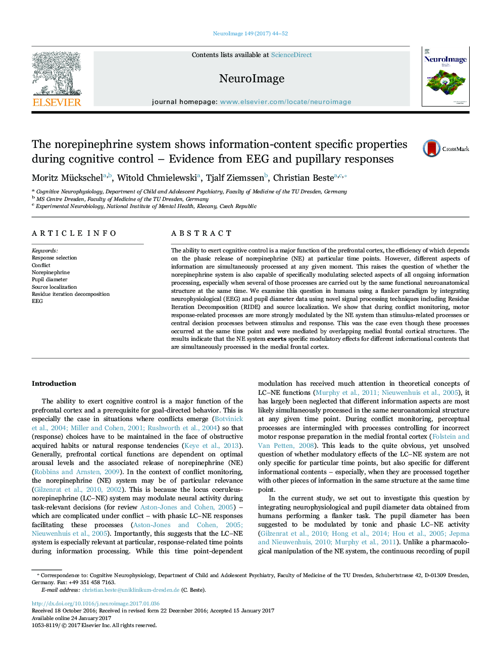 The norepinephrine system shows information-content specific properties during cognitive control - Evidence from EEG and pupillary responses