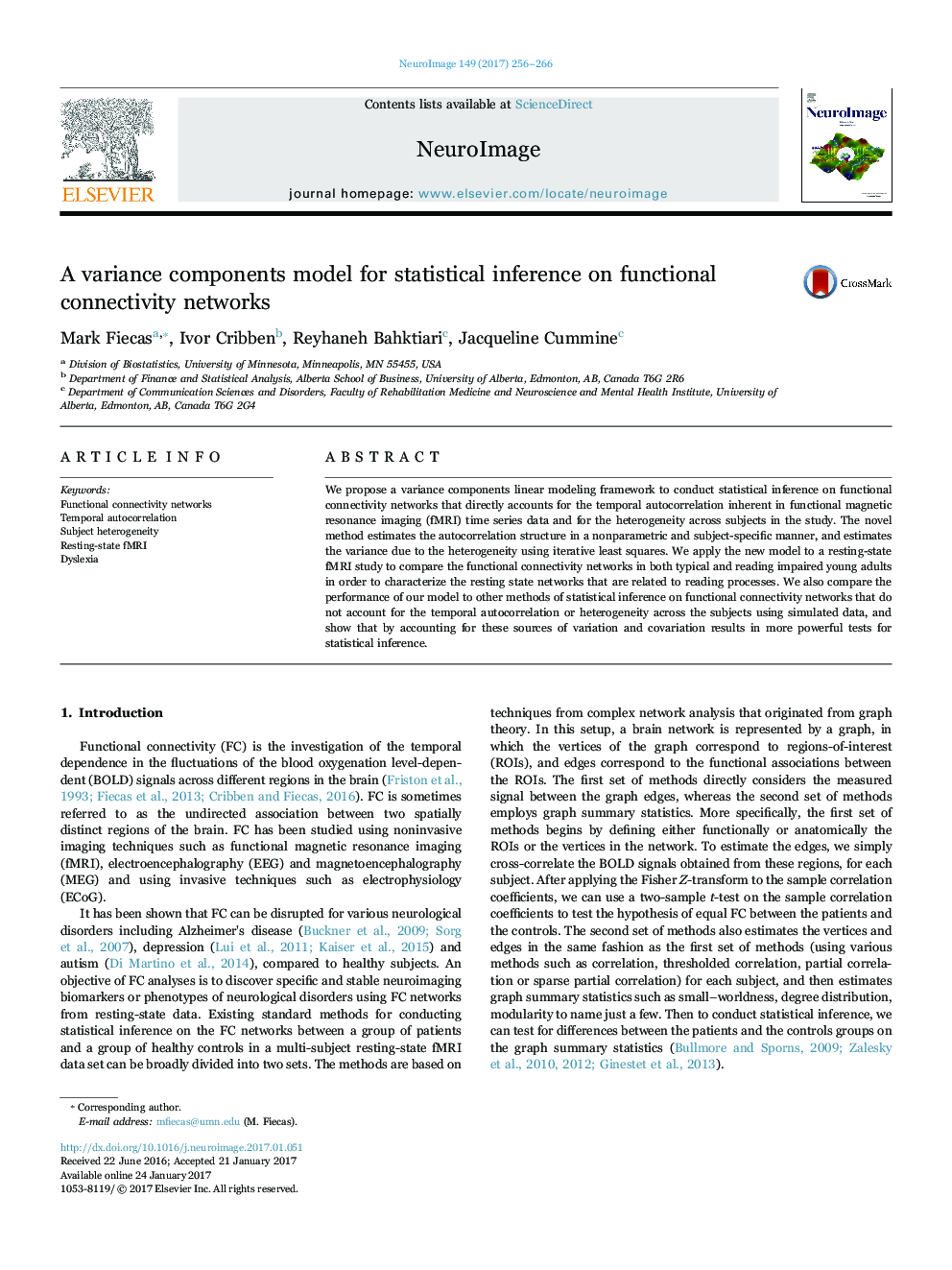 A variance components model for statistical inference on functional connectivity networks