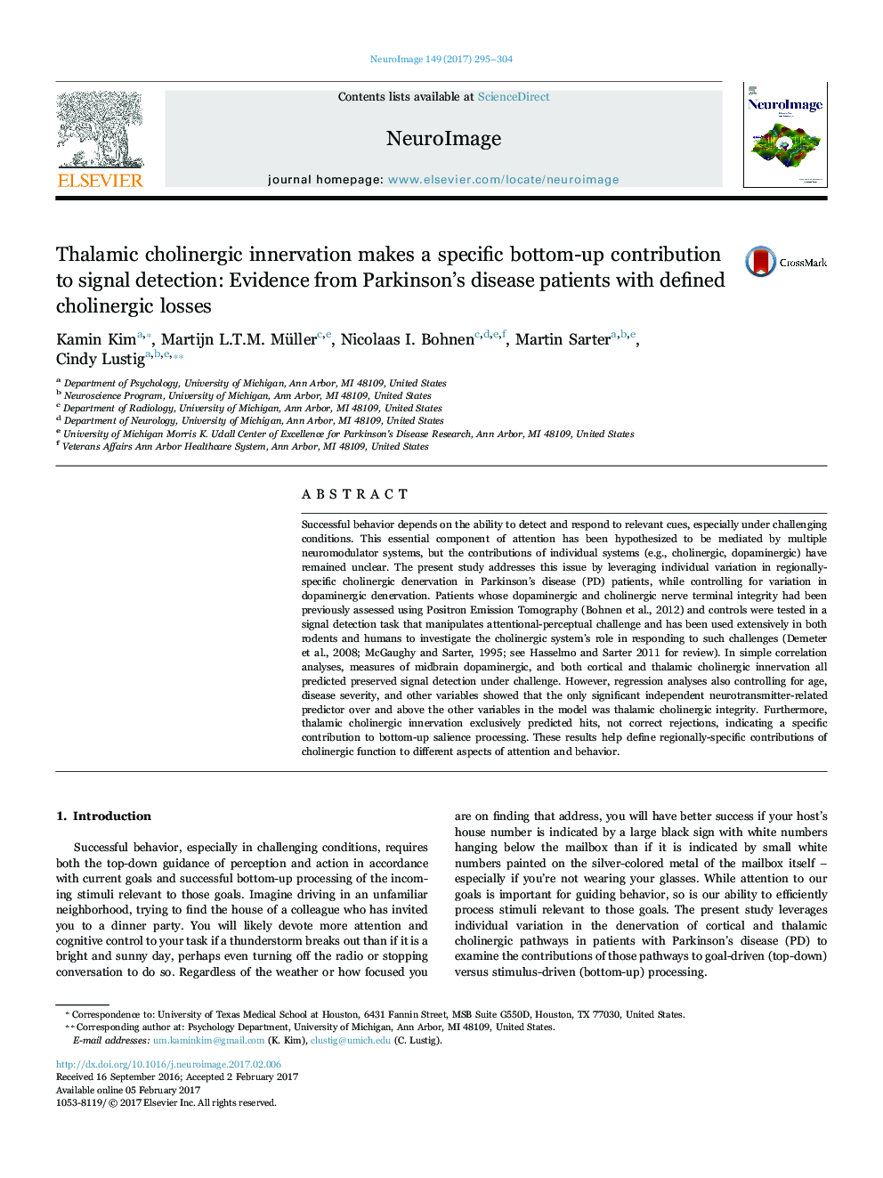 Thalamic cholinergic innervation makes a specific bottom-up contribution to signal detection: Evidence from Parkinson's disease patients with defined cholinergic losses