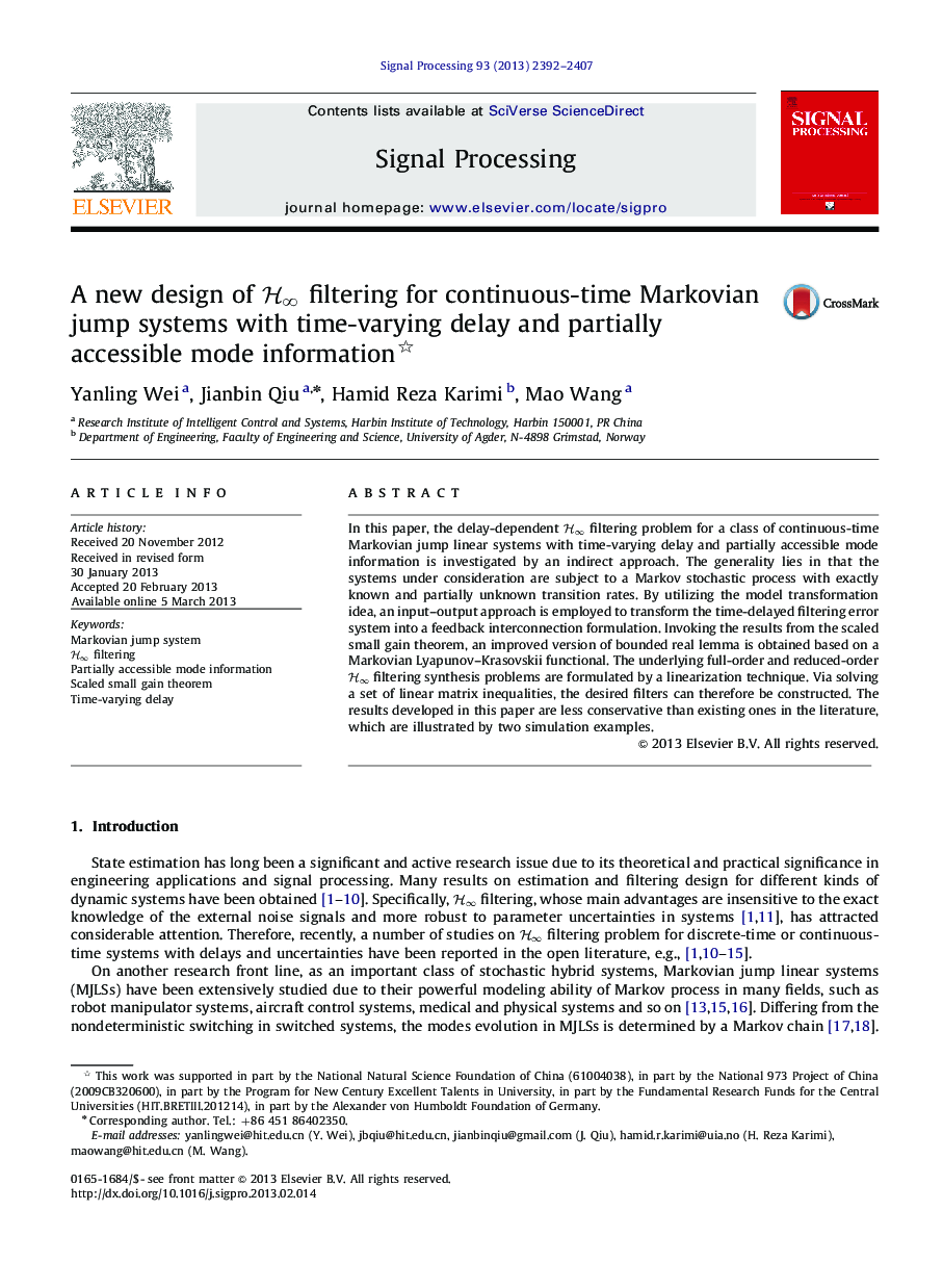 A new design of HH∞ filtering for continuous-time Markovian jump systems with time-varying delay and partially accessible mode information 