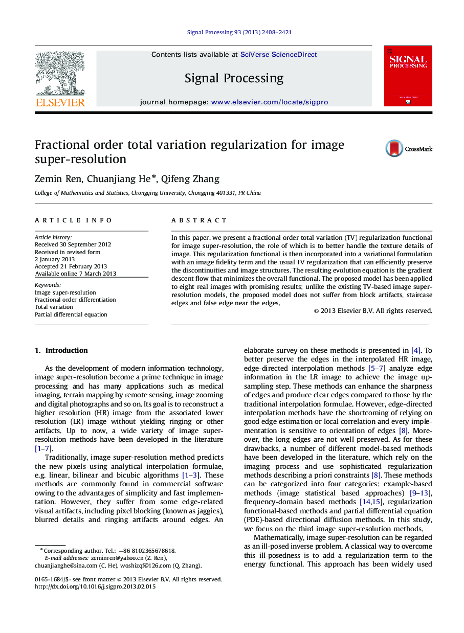 Fractional order total variation regularization for image super-resolution