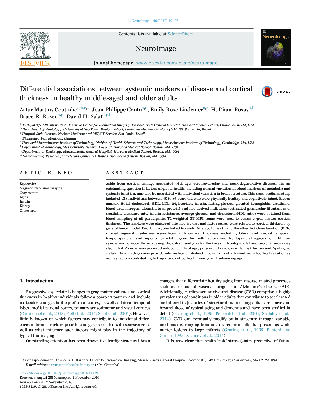 Differential associations between systemic markers of disease and cortical thickness in healthy middle-aged and older adults