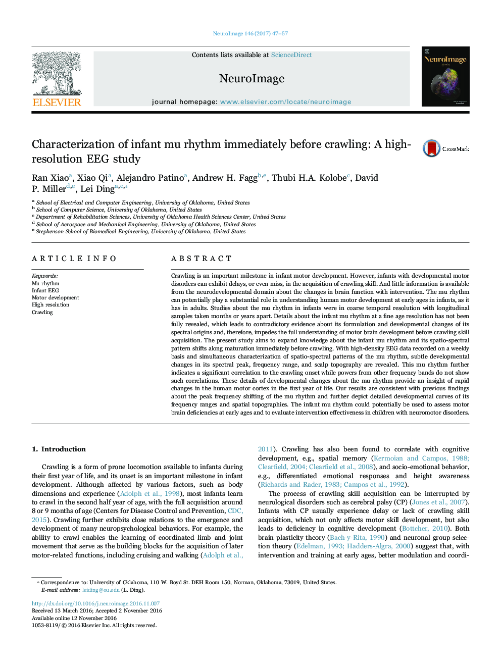 Characterization of infant mu rhythm immediately before crawling: A high-resolution EEG study