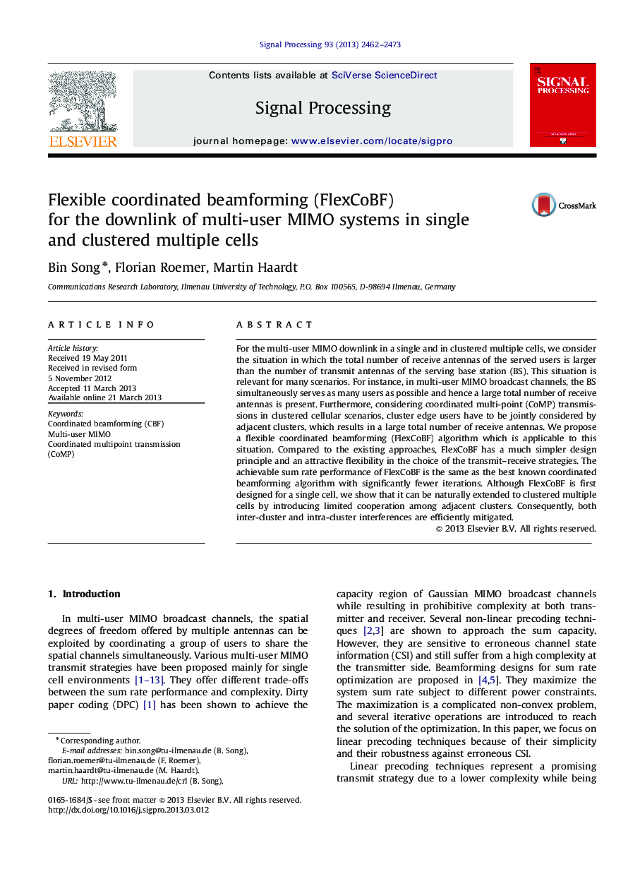 Flexible coordinated beamforming (FlexCoBF) for the downlink of multi-user MIMO systems in single and clustered multiple cells