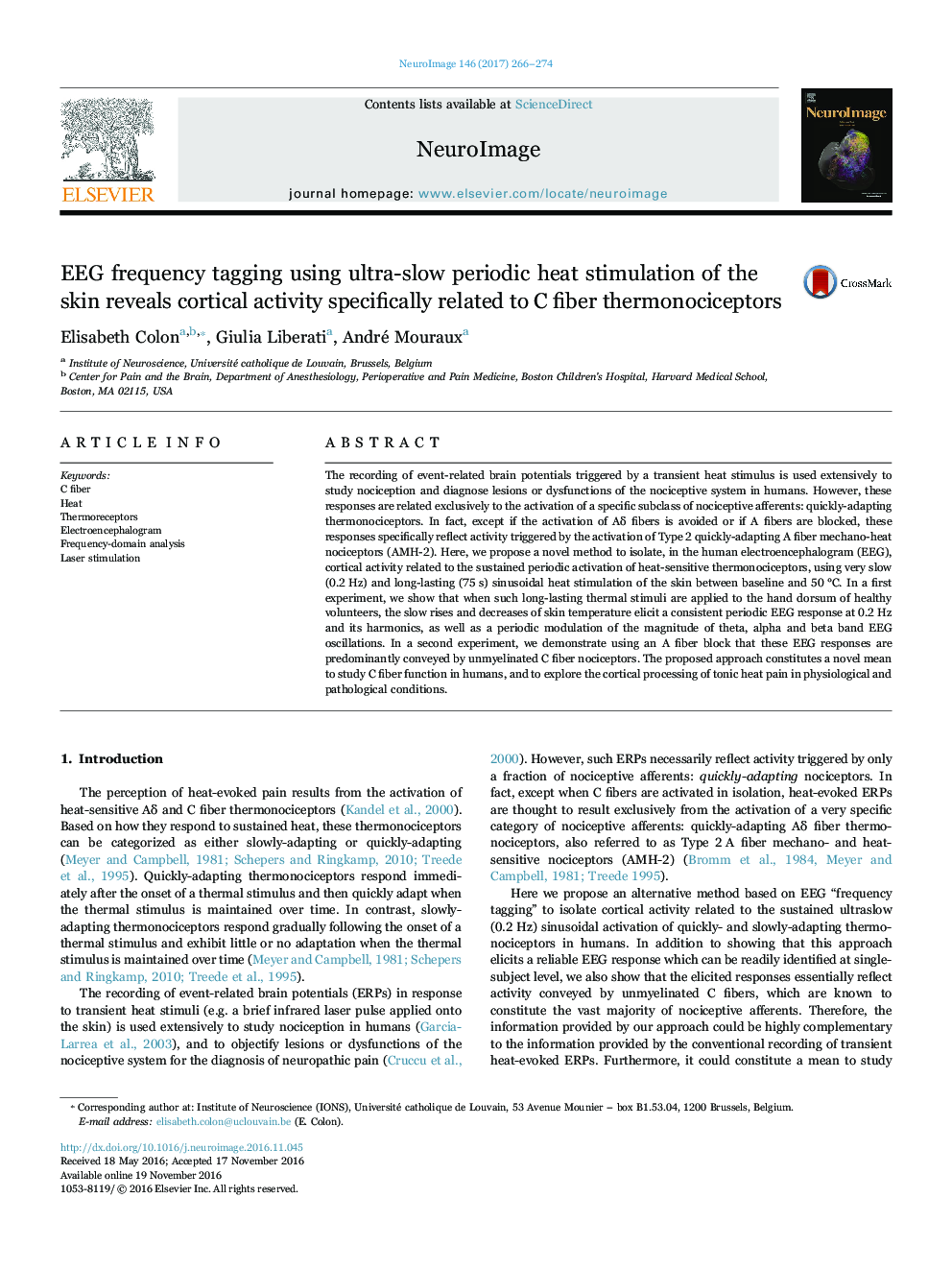 EEG frequency tagging using ultra-slow periodic heat stimulation of the skin reveals cortical activity specifically related to C fiber thermonociceptors