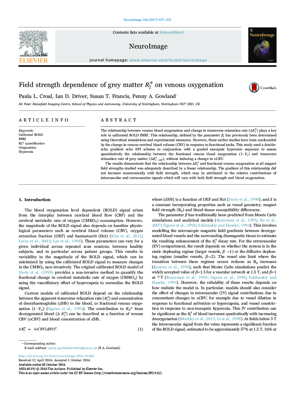 Field strength dependence of grey matter R2* on venous oxygenation