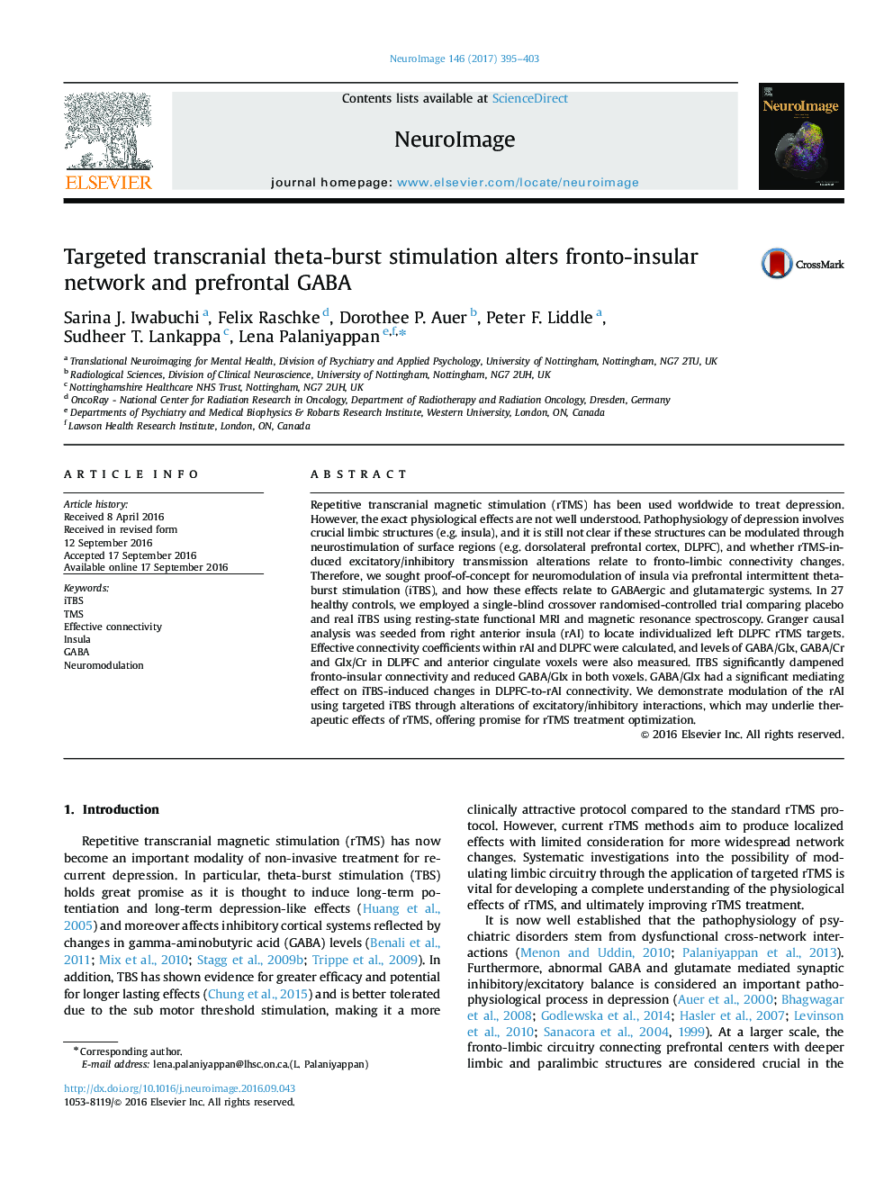 Targeted transcranial theta-burst stimulation alters fronto-insular network and prefrontal GABA