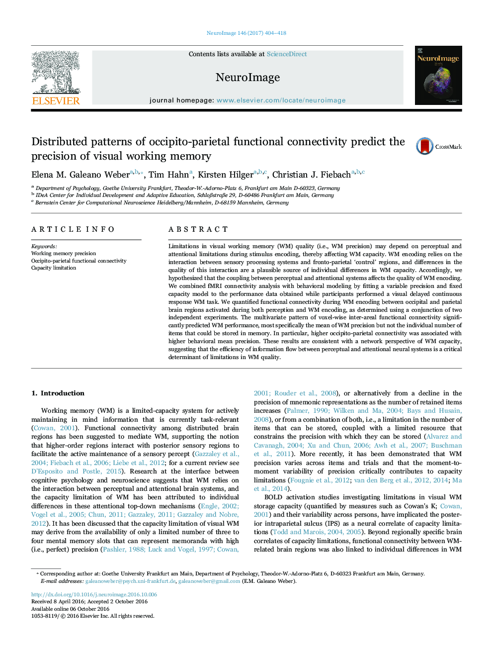 Distributed patterns of occipito-parietal functional connectivity predict the precision of visual working memory