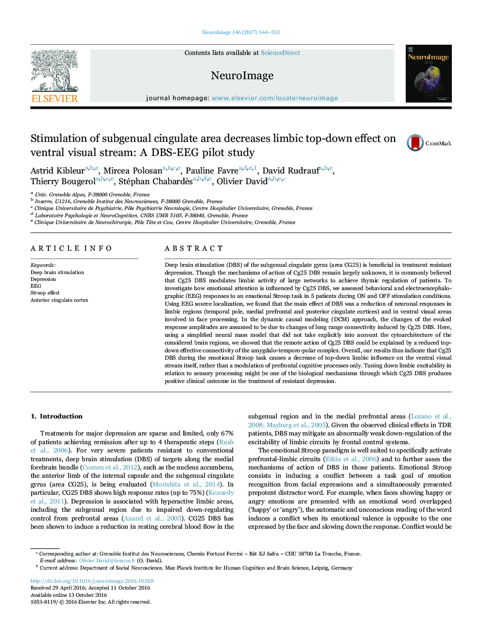 Stimulation of subgenual cingulate area decreases limbic top-down effect on ventral visual stream: A DBS-EEG pilot study