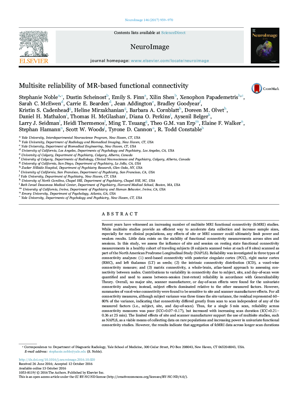 عکس صفحه اول مقاله: Multisite reliability of MR-based functional connectivity Multisite reliability of MR-based functional connectivity