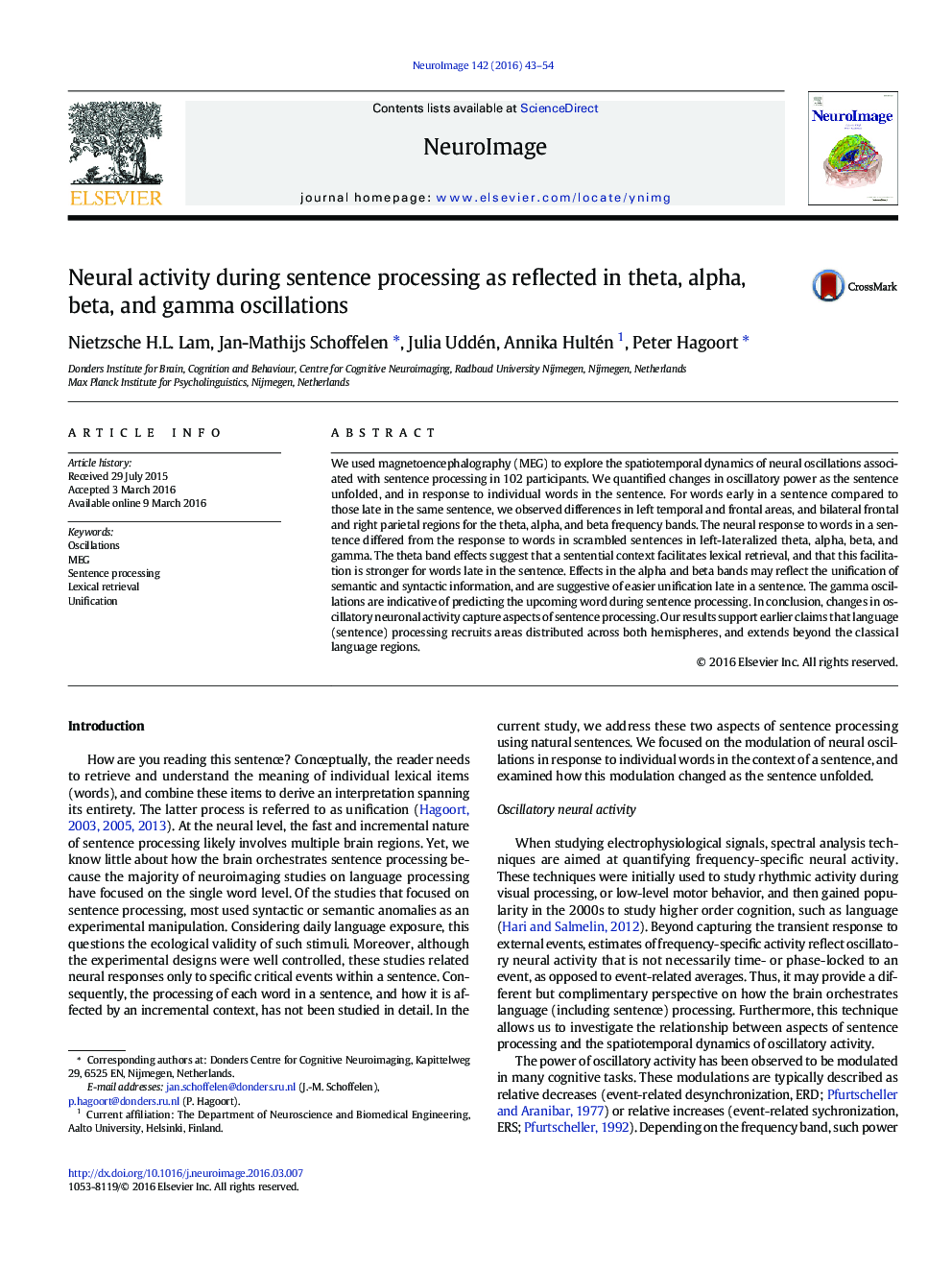 Neural activity during sentence processing as reflected in theta, alpha, beta, and gamma oscillations