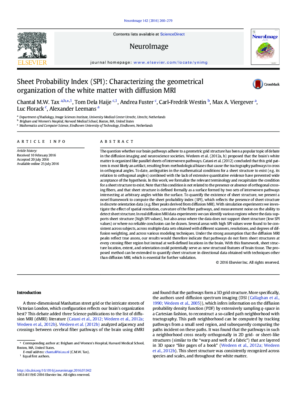 Sheet Probability Index (SPI): Characterizing the geometrical organization of the white matter with diffusion MRI
