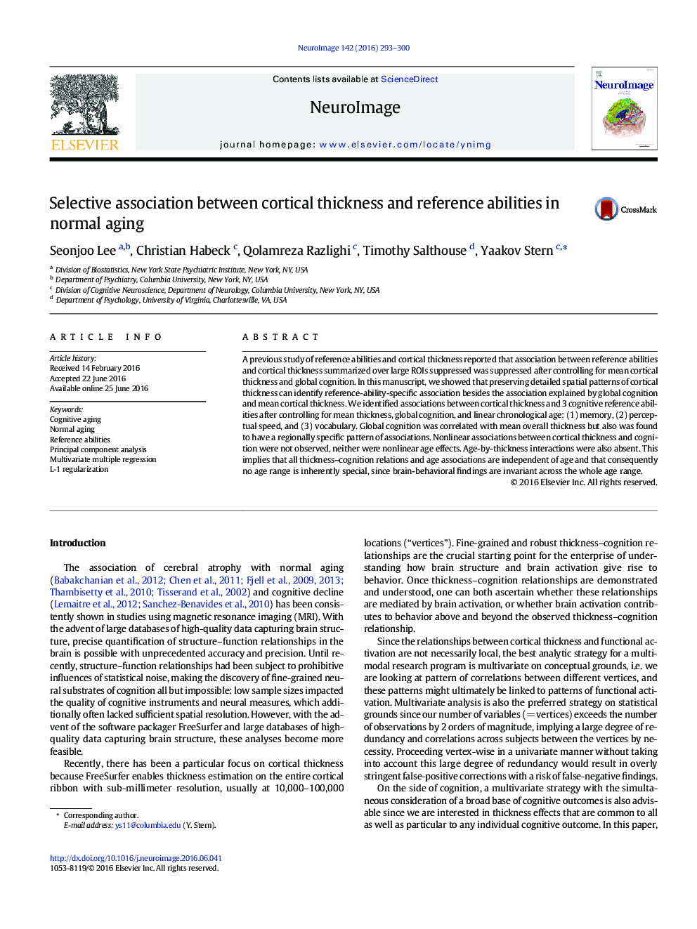 Selective association between cortical thickness and reference abilities in normal aging