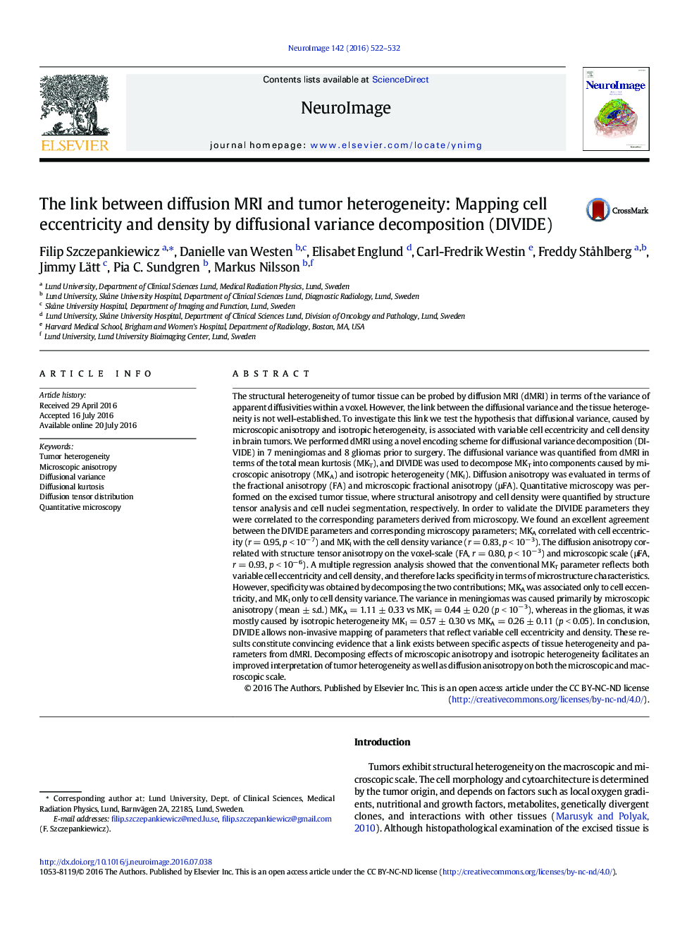 The link between diffusion MRI and tumor heterogeneity: Mapping cell eccentricity and density by diffusional variance decomposition (DIVIDE)