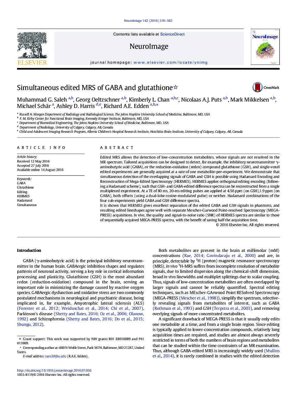 عکس صفحه اول مقاله: Simultaneous edited MRS of GABA and glutathione Simultaneous edited MRS of GABA and glutathione
