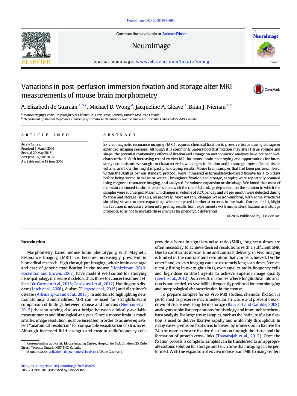 Variations in post-perfusion immersion fixation and storage alter MRI measurements of mouse brain morphometry