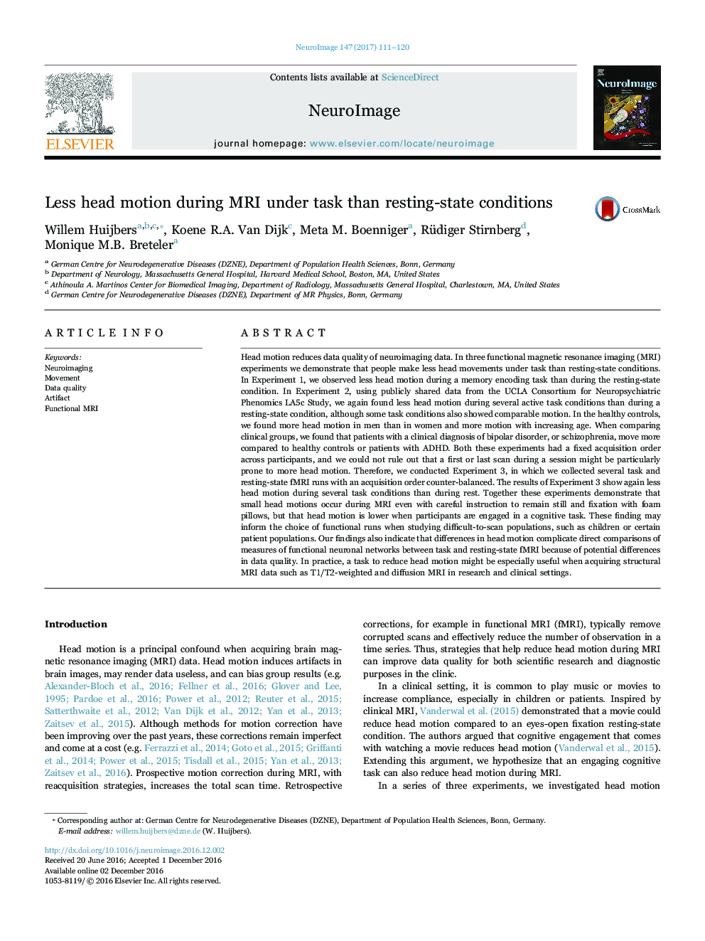 Less head motion during MRI under task than resting-state conditions