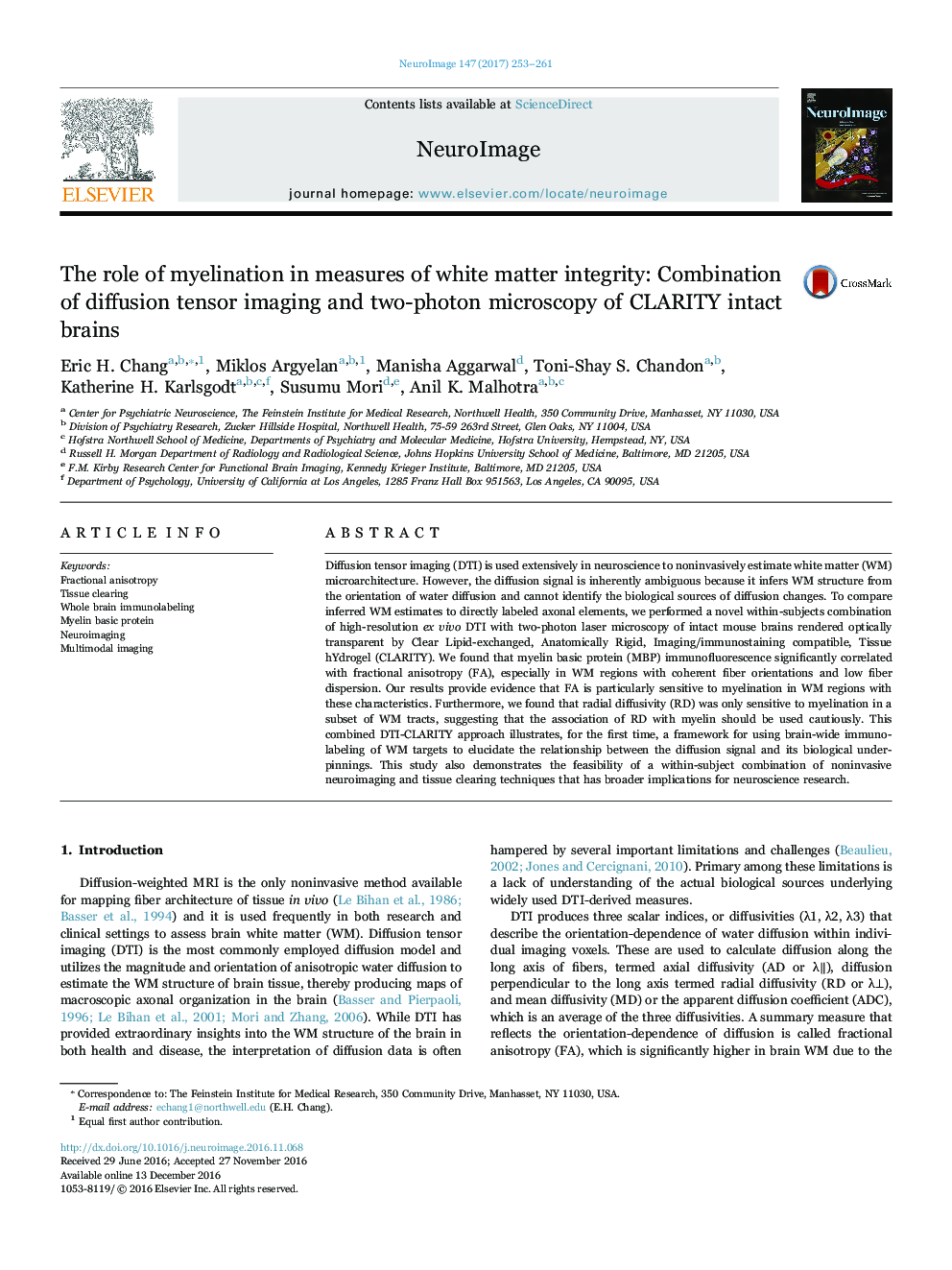 The role of myelination in measures of white matter integrity: Combination of diffusion tensor imaging and two-photon microscopy of CLARITY intact brains