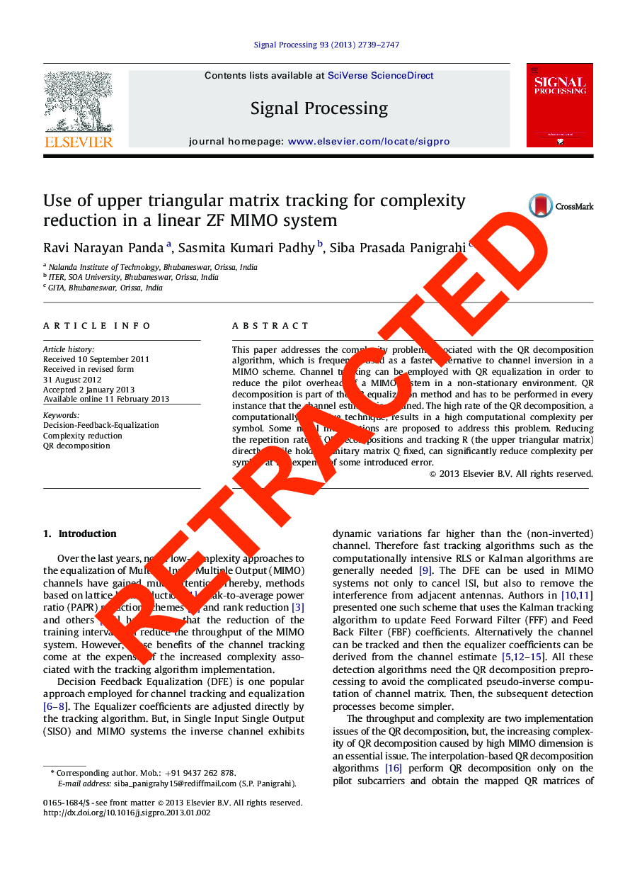 RETRACTED: Use of upper triangular matrix tracking for complexity reduction in a linear ZF MIMO system
