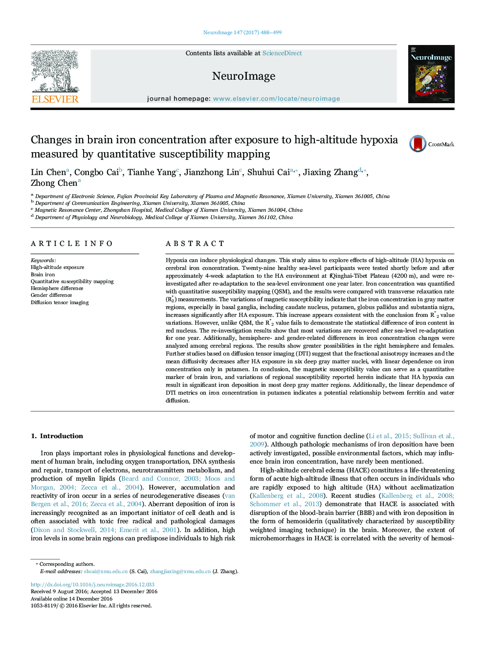 Changes in brain iron concentration after exposure to high-altitude hypoxia measured by quantitative susceptibility mapping