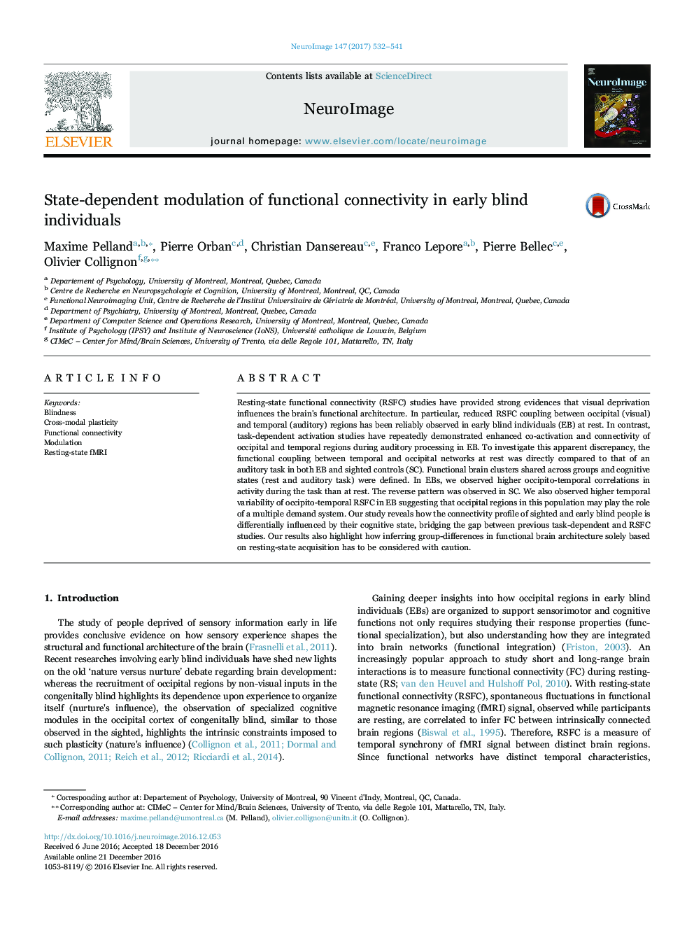 State-dependent modulation of functional connectivity in early blind individuals