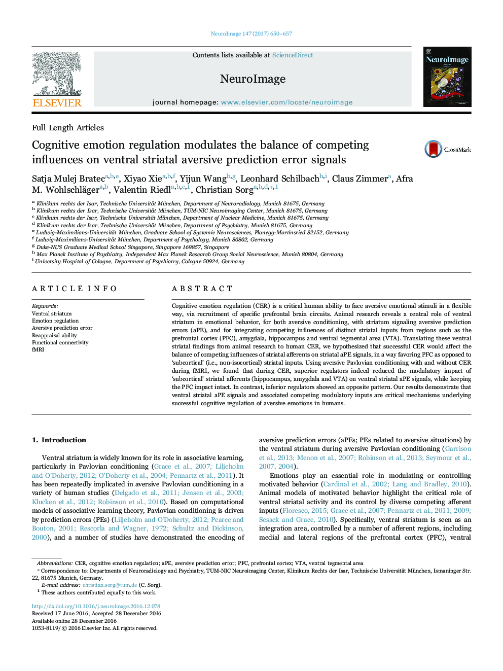 Cognitive emotion regulation modulates the balance of competing influences on ventral striatal aversive prediction error signals