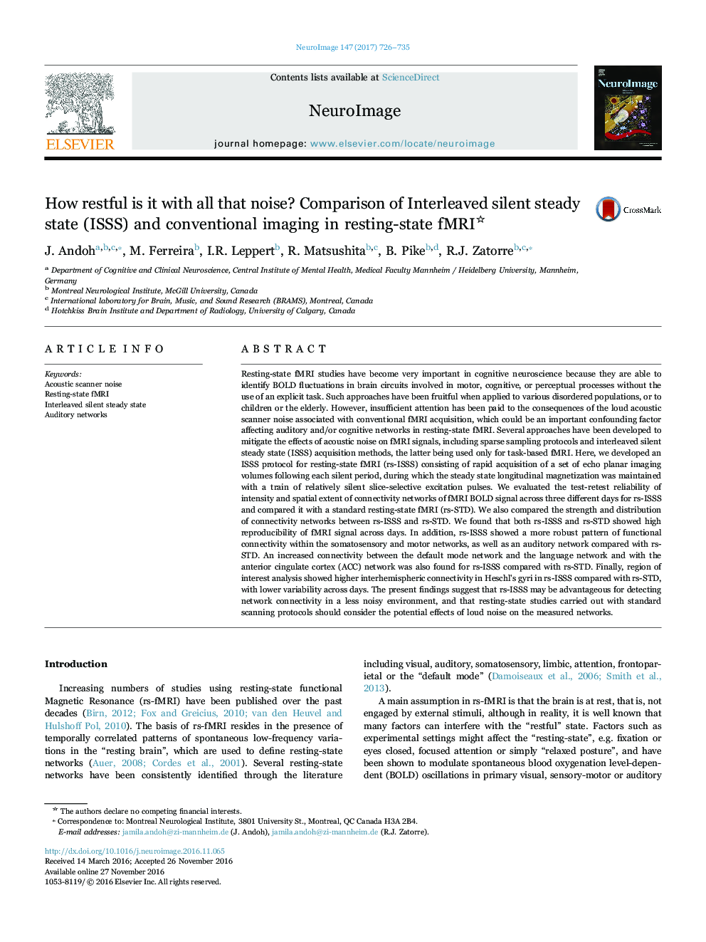 How restful is it with all that noise? Comparison of Interleaved silent steady state (ISSS) and conventional imaging in resting-state fMRI