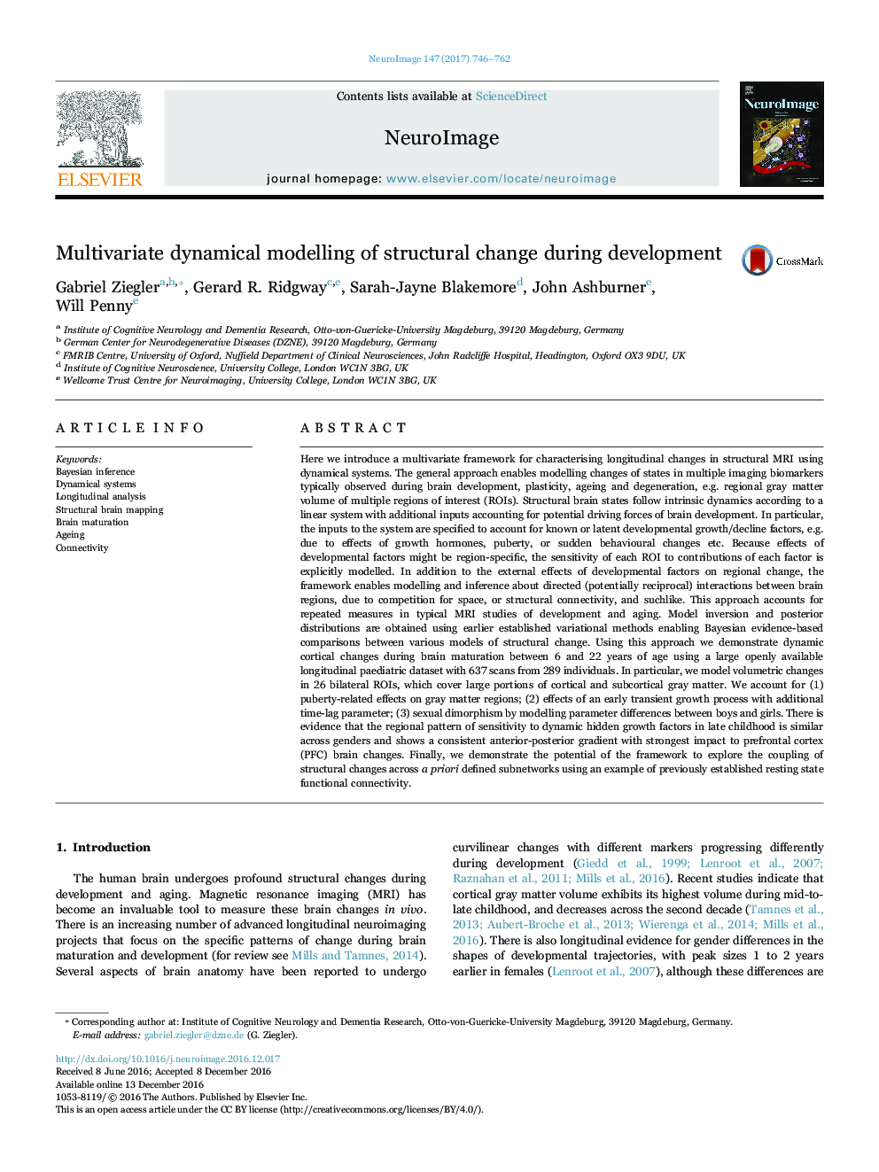 Multivariate dynamical modelling of structural change during development