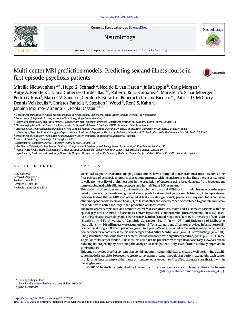 Multi-center MRI prediction models: Predicting sex and illness course in first episode psychosis patients