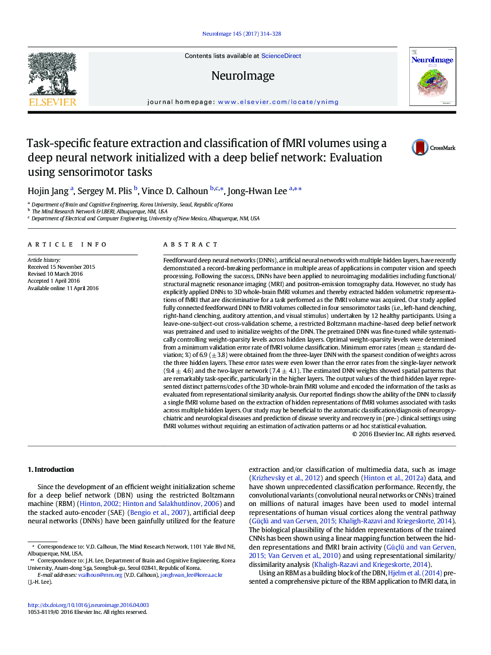 Task-specific feature extraction and classification of fMRI volumes using a deep neural network initialized with a deep belief network: Evaluation using sensorimotor tasks