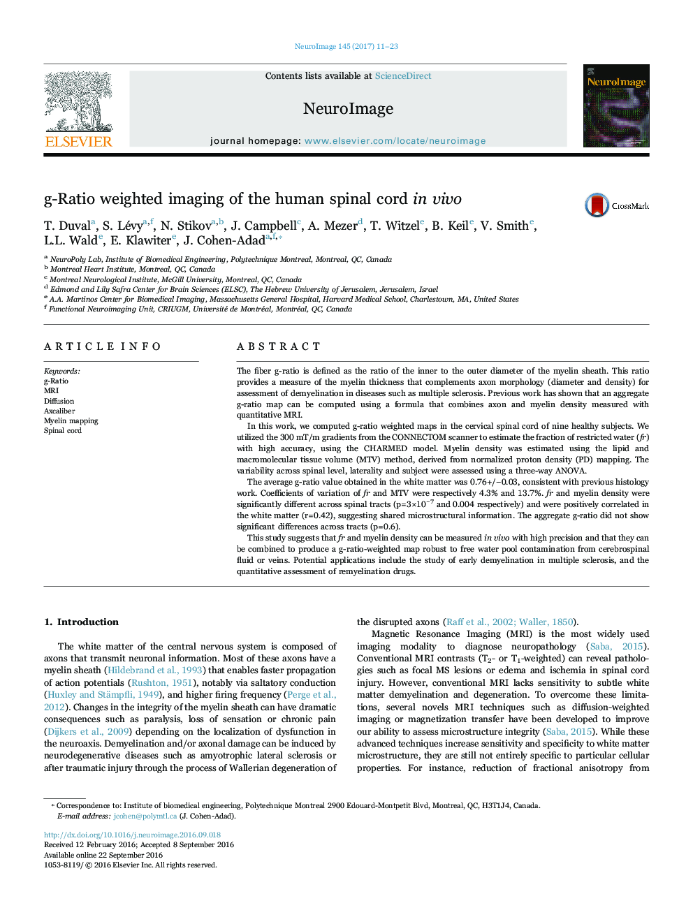 g-Ratio weighted imaging of the human spinal cord in vivo