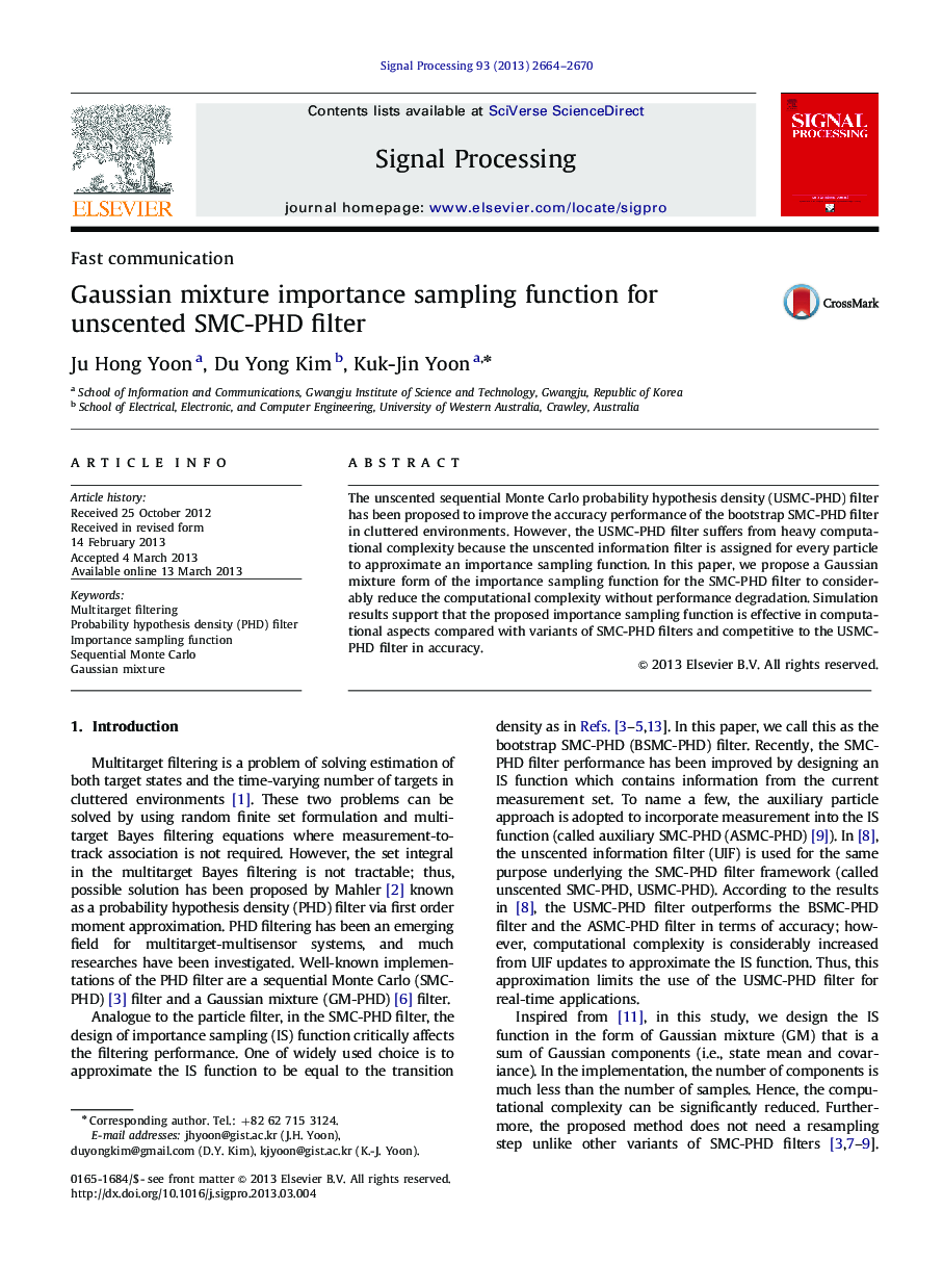 Gaussian mixture importance sampling function for unscented SMC-PHD filter