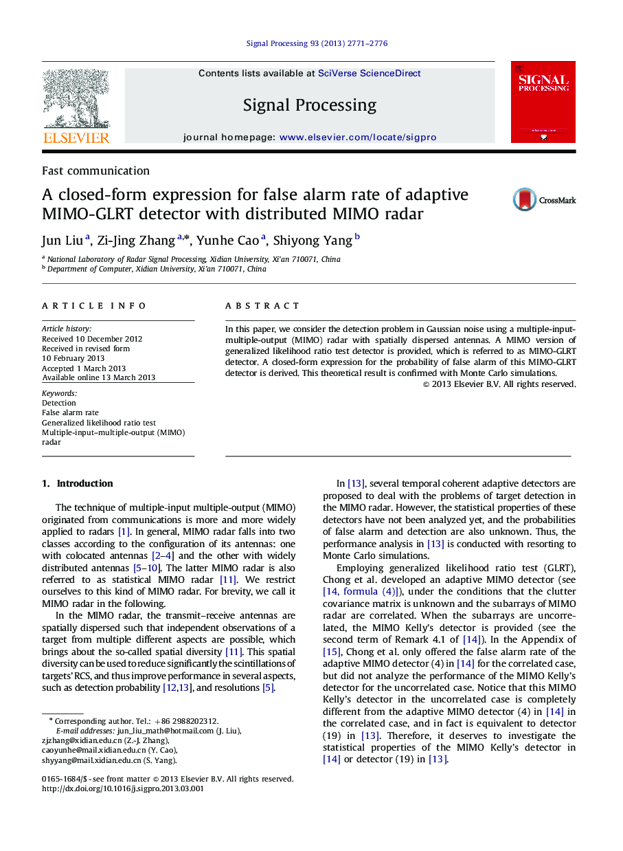 A closed-form expression for false alarm rate of adaptive MIMO-GLRT detector with distributed MIMO radar