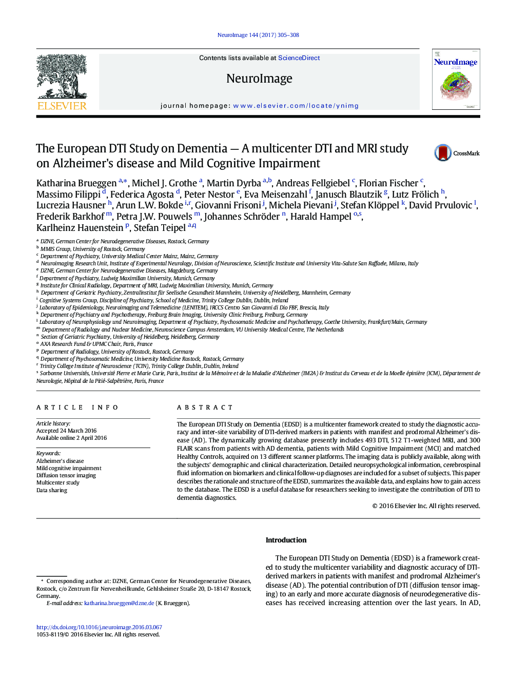 The European DTI Study on Dementia - A multicenter DTI and MRI study on Alzheimer's disease and Mild Cognitive Impairment