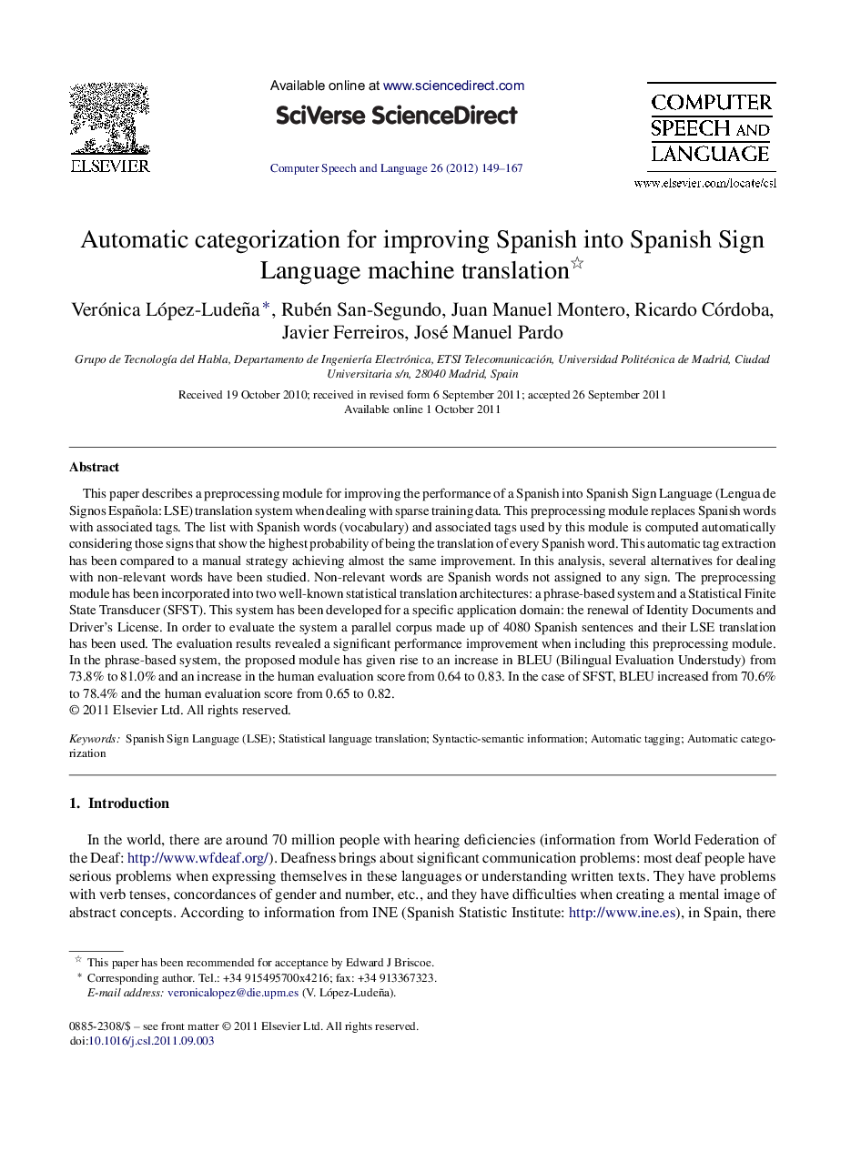 Automatic categorization for improving Spanish into Spanish Sign Language machine translation 
