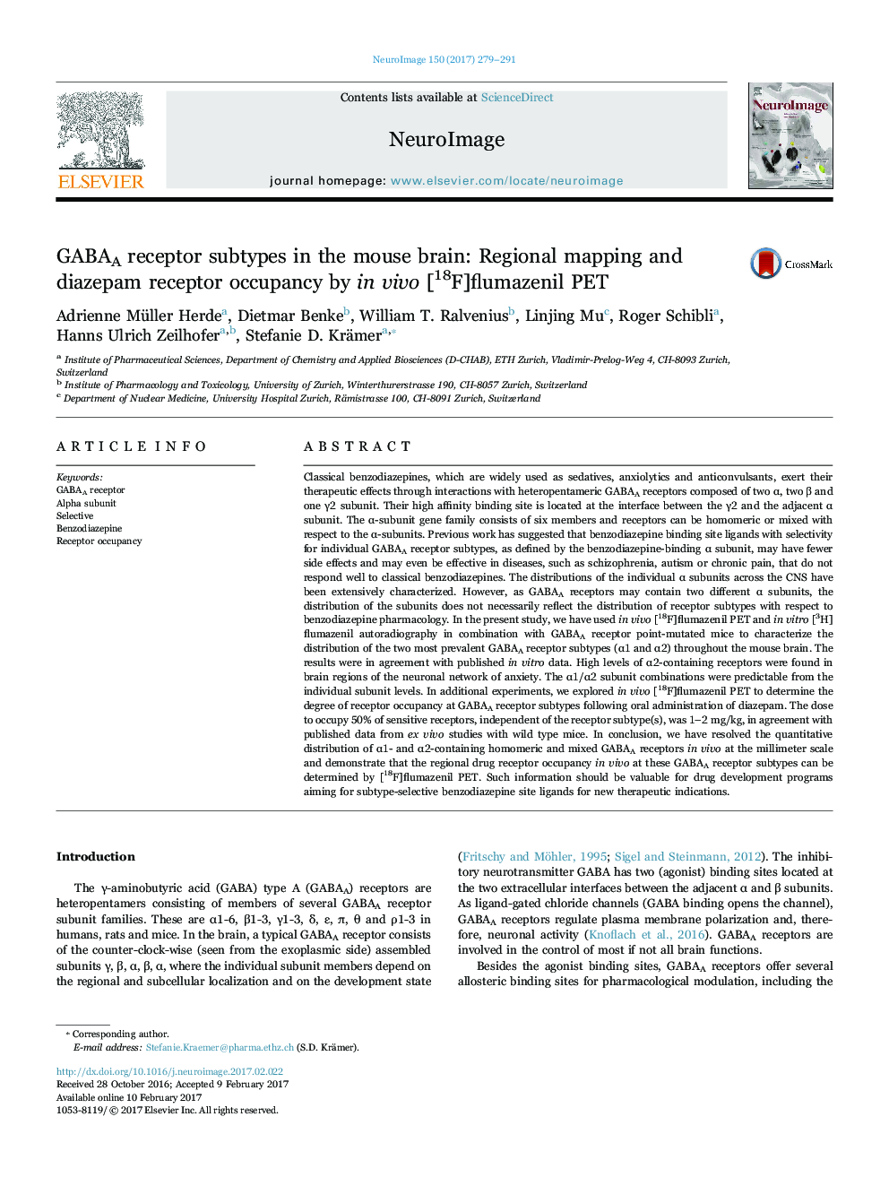 GABAA receptor subtypes in the mouse brain: Regional mapping and diazepam receptor occupancy by in vivo [18F]flumazenil PET