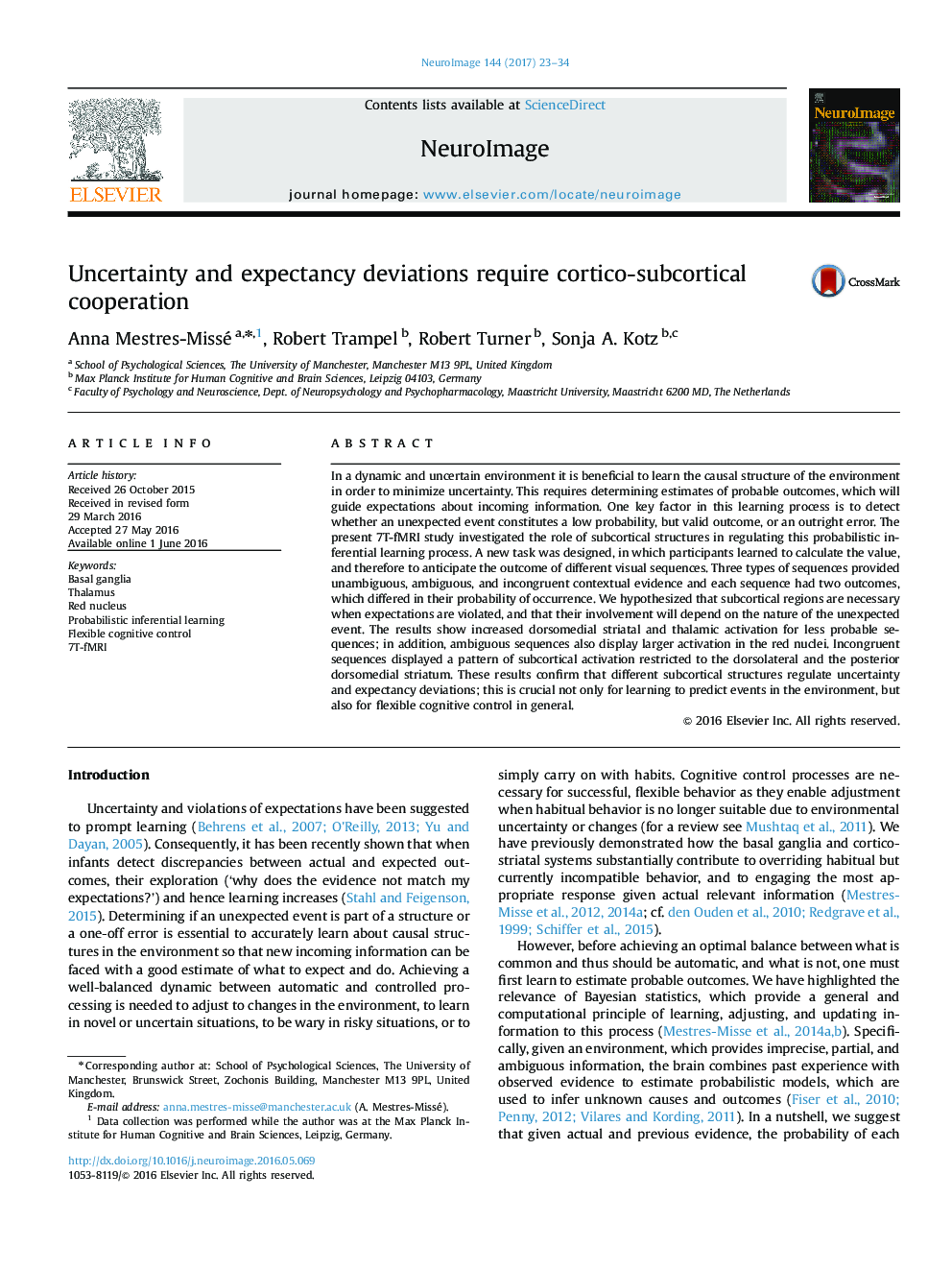 Uncertainty and expectancy deviations require cortico-subcortical cooperation