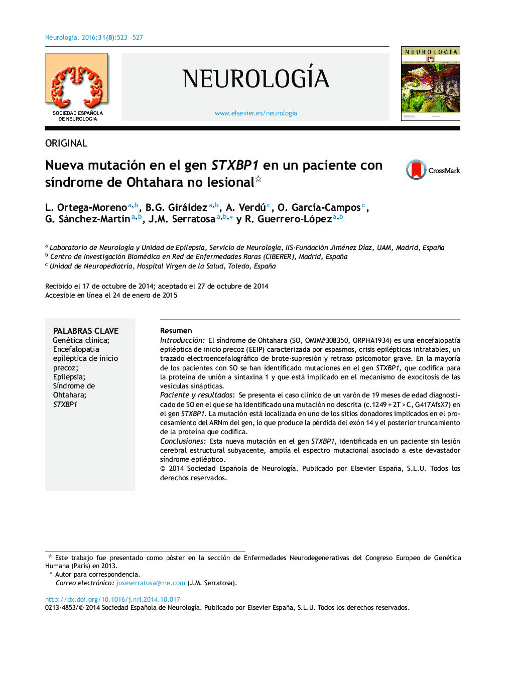 Nueva mutación en el gen STXBP1 en un paciente con sÃ­ndrome de Ohtahara no lesional