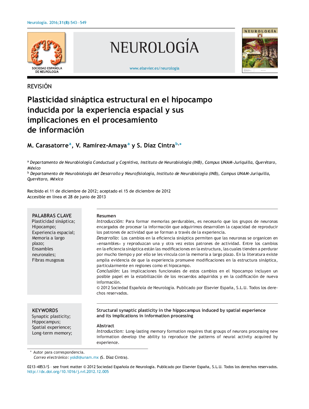 RevisiónPlasticidad sináptica estructural en el hipocampo inducida por la experiencia espacial y sus implicaciones en el procesamiento de informaciónStructural synaptic plasticity in the hippocampus induced by spatial experience and its implications in