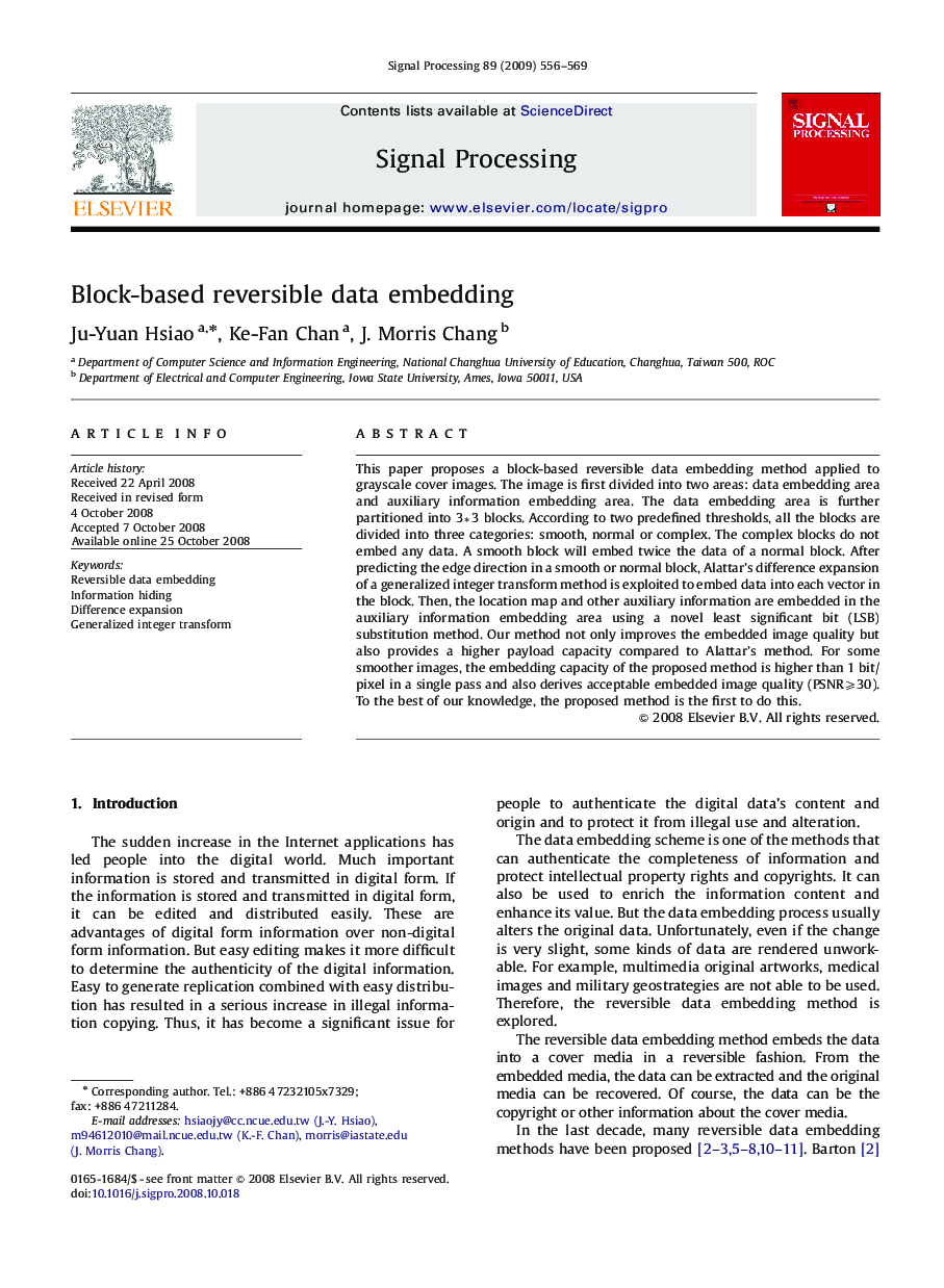 Block-based reversible data embedding