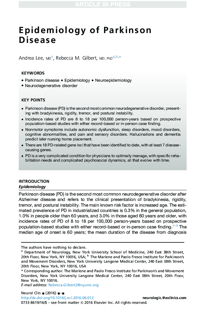 Epidemiology of Parkinson Disease