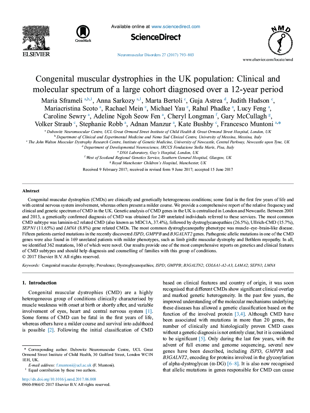 Congenital muscular dystrophies in the UK population: Clinical and molecular spectrum of a large cohort diagnosed over a 12-year period