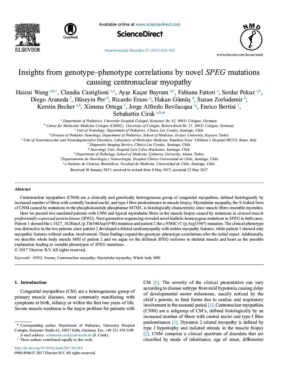 Insights from genotype-phenotype correlations by novel SPEG mutations causing centronuclear myopathy